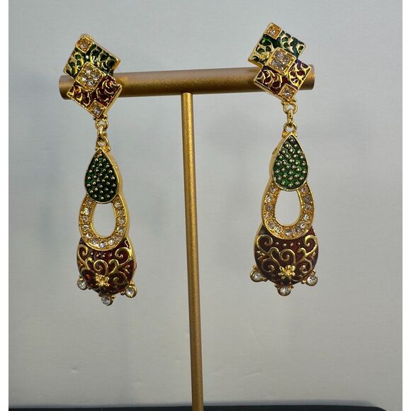 Beautiful Rhinestone and Enamel Dangle Earrings - Picture 2 of 6